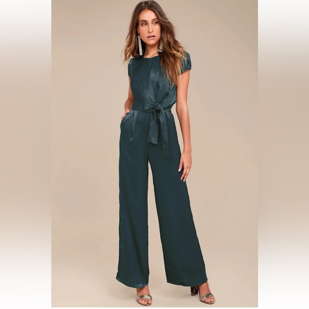 Let Me Entertain You Dark Green Satin Wide-Leg Jumpsuit